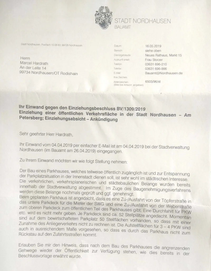 Antwort der Stadt Nordhausen vom 16.05.2019 Seite 1