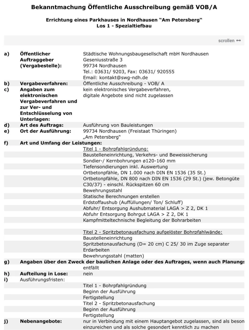 Ausschreibungsunterlagen Parkhaus SWG Nordhausen, Seite 1