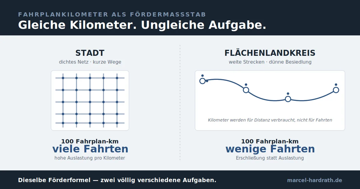Vergleich Stadt und Flächenlandkreis: gleiche Fahrplankilometer, ungleiche ÖPNV-Förderung