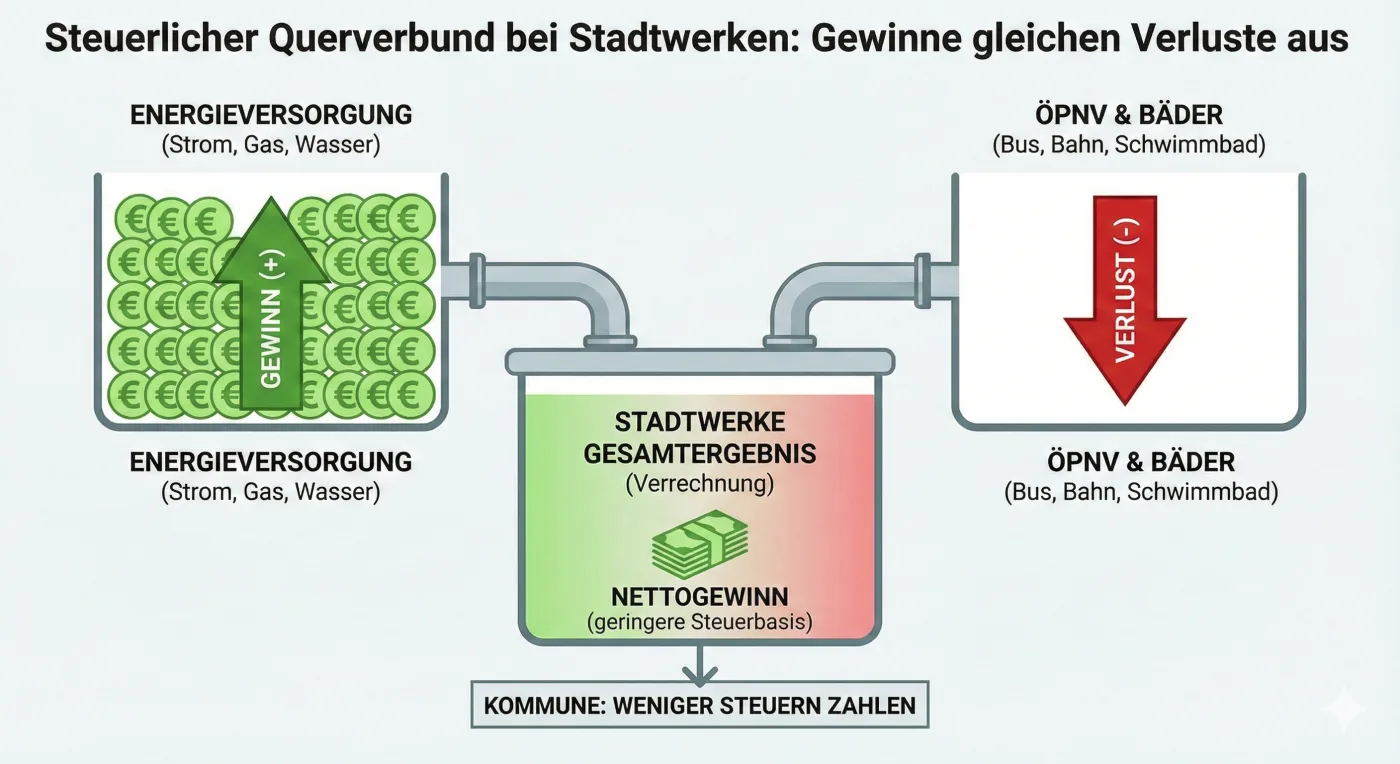 Infografik: Die Kommunal-Finanzierung: Der steuerliche Querverbund (Grafik: Marcel Hardrath)