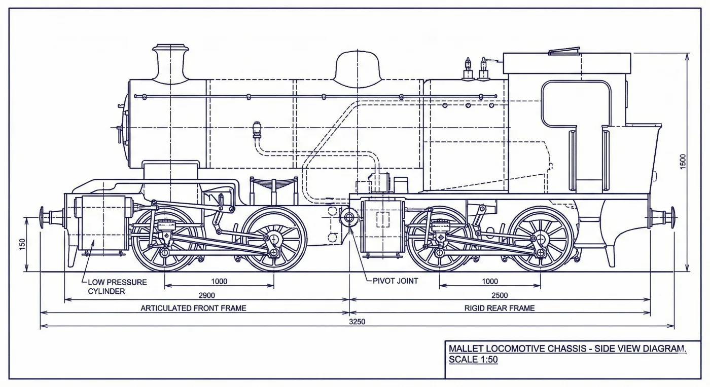 Querschnitt durch eine Dampflokomotive: Darstellung von Feuerbüchse, Kessel, Dampfkreislauf und Zylinder zur Erklärung der Funktionsweise.