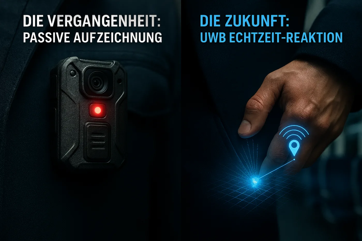Gegenüberstellung von Sicherheitsmaßnahmen: Reaktive Bodycam bei der Bahn vs. unsichtbarer Panikbutton im ÖPNV mit UWB-Echtzeit-Ortung für mehr Sicherheit im Zug.
