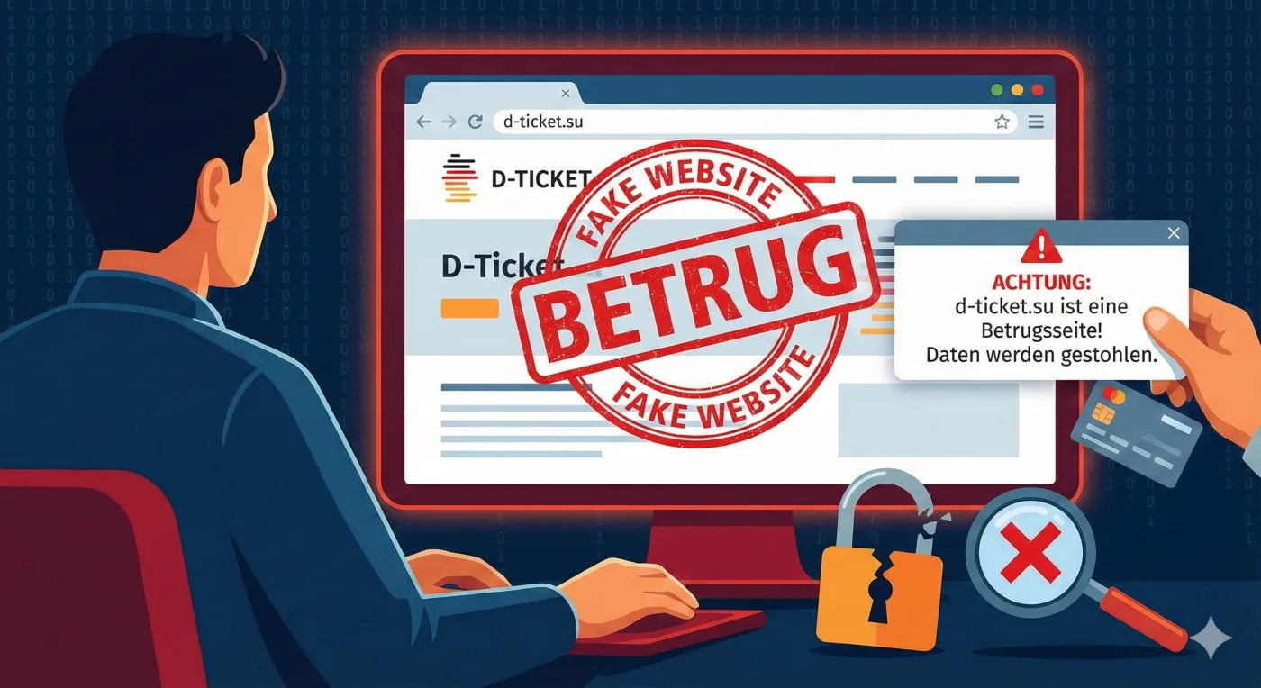 Eine grafische Illustration eines Smartphones vor unscharfem Bahnhofshintergrund, das eine gefälschte Deutschlandticket-App der Domain "d-ticket.su" anzeigt. Über dem digitalen Ticket prangt ein roter Stempel mit der Aufschrift "FAKE" bzw. "UNGÜLTIG". Die Szene symbolisiert den auf dem 39c3 enthüllten Massenbetrug, die Sicherheitslücken im digitalen ÖPNV-Vertrieb und das Scheitern dezentraler Sicherheitsarchitekturen.