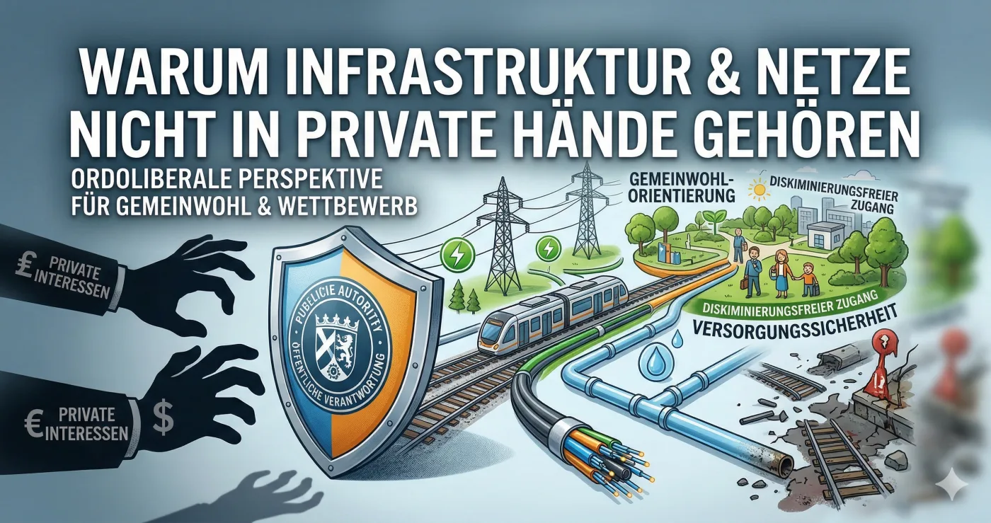 Das Bild zeigt verschiedene Infrastruktur- und Netzwerkelemente (wie Schienen, Stromleitungen und Straßen), die symbolisch geschützt und durch eine schützende Barriere von privaten Interessen getrennt werden